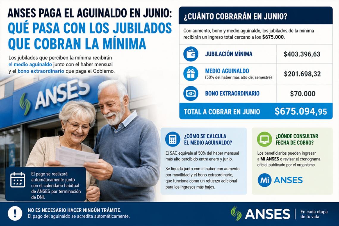 ANSES paga el aguinaldo en junio: cuánto cobrarán los jubilados que perciben la mínima