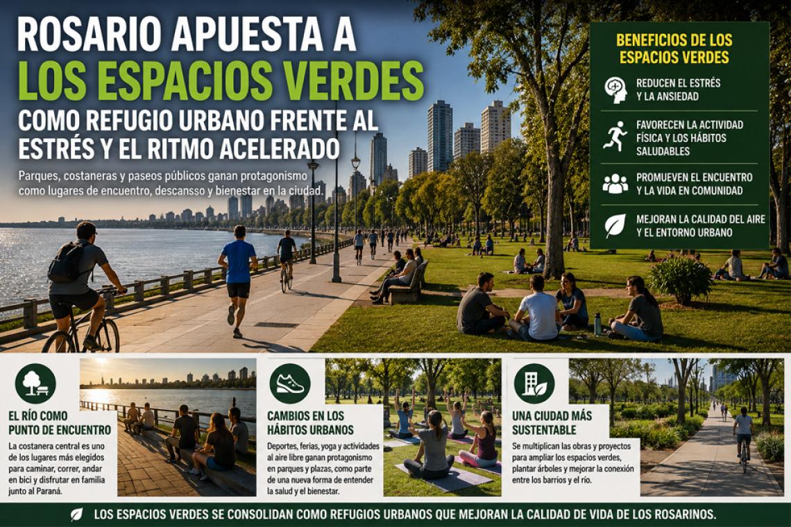 Rosario apuesta a los espacios verdes como refugio urbano frente al estrés y el ritmo acelerado