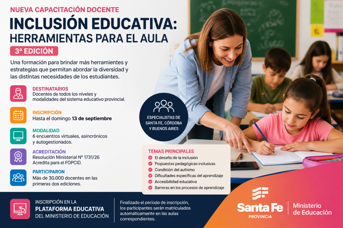 Santa Fe abre una nueva capacitación docente sobre inclusión educativa